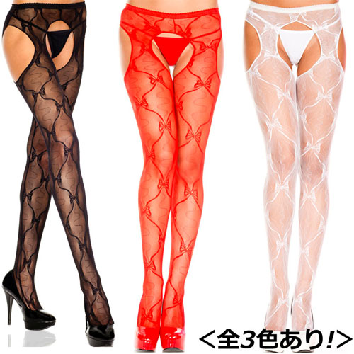 リボンレースデザイン サスペンダーパンティストッキング