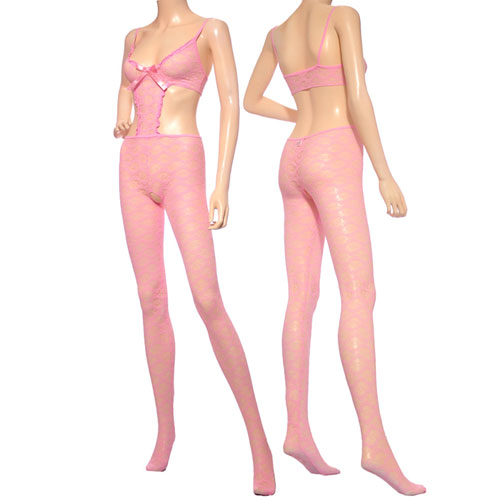 ピンク フローラルレース×サテンリボン セクシーカットアウト ボディストッキング画像2