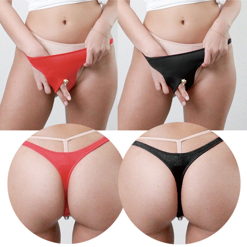 パール＆鈴付きオープンTバック ブラック レッド