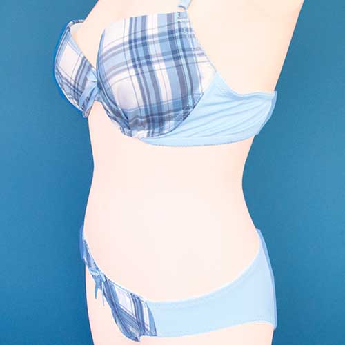 チェックブラ＆ショーツ ブルー おとこの娘用2L画像3